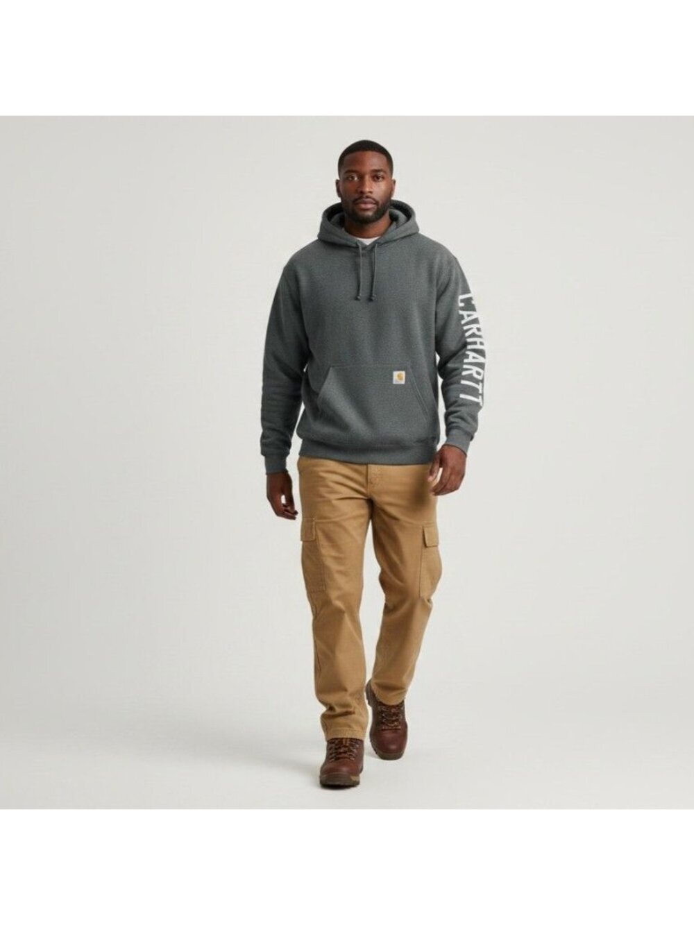 Carhartt Mens Heather Gray Loose Fit Logo Hoodie 2XL With Sleeve Spellout